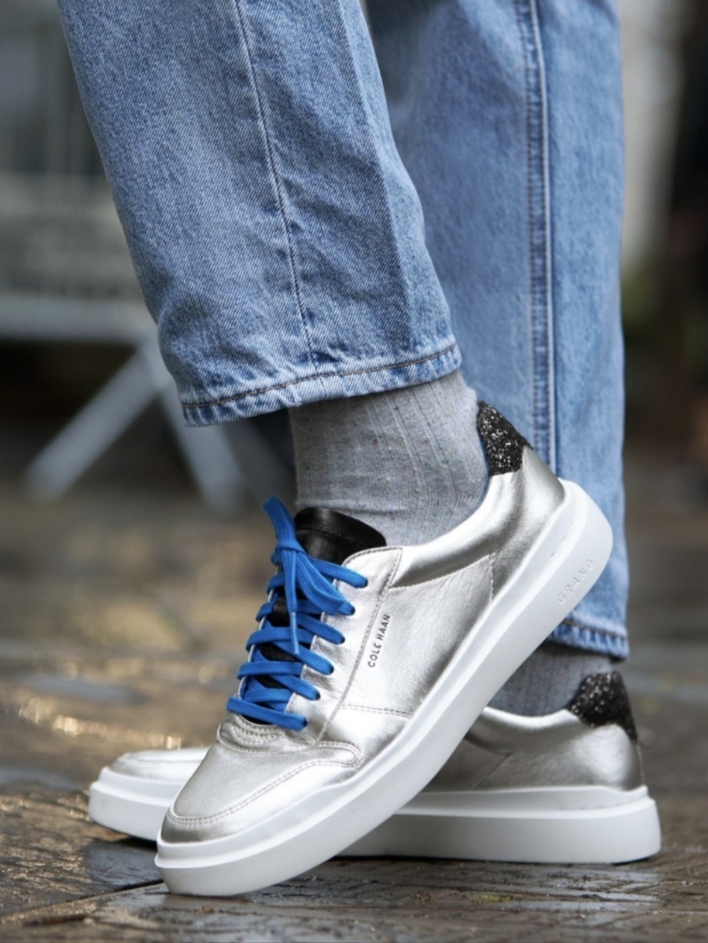 Cole Haan Silver Sneakers with Blue Laces and Black Heel